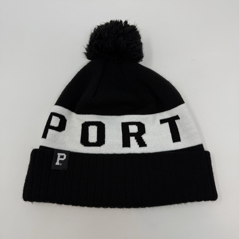 Portland Gear Block Lettering‎ Portland Spell Out Pom Pom Beanie Hat Black White